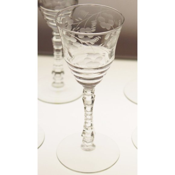 6 Rock Sharpe Halifax Crystal Wine Glass Floral Etched Cut Stem Spring Circa 40s - Picture 2 of 8